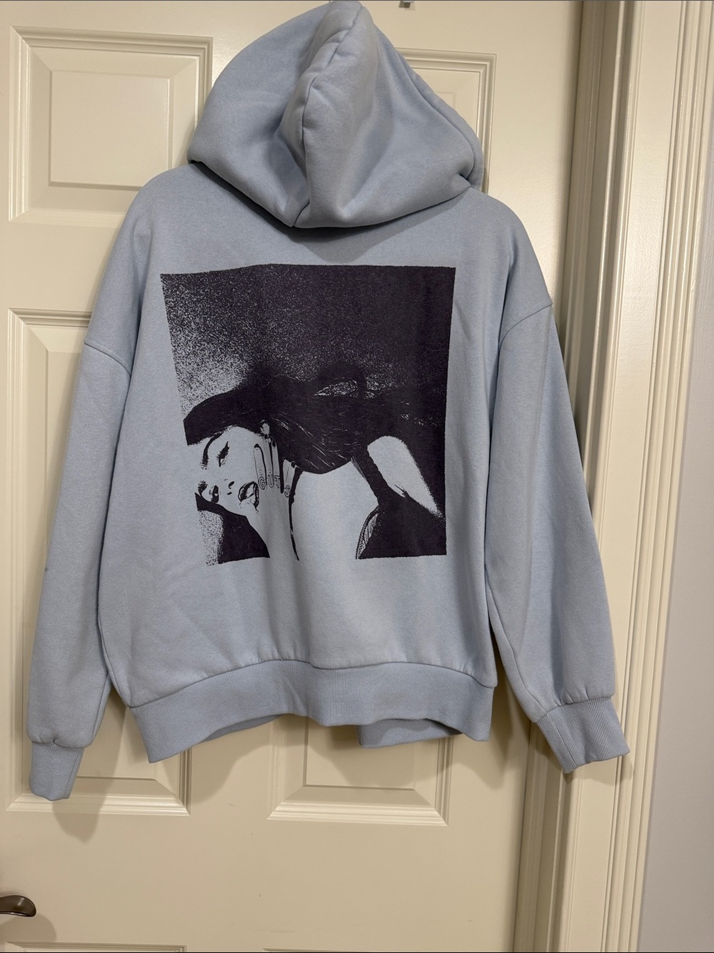H&M Light Blue Hoodie with Black Logo Print